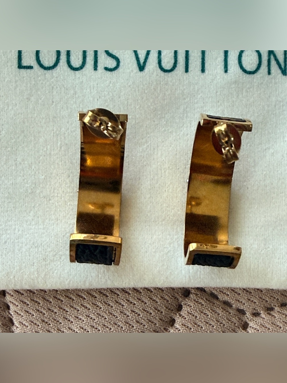 Louis Vuitton EUC Gold tone
Monogram over LV coated canvas   
1” Hoop Earrings - Picture 7 of 10